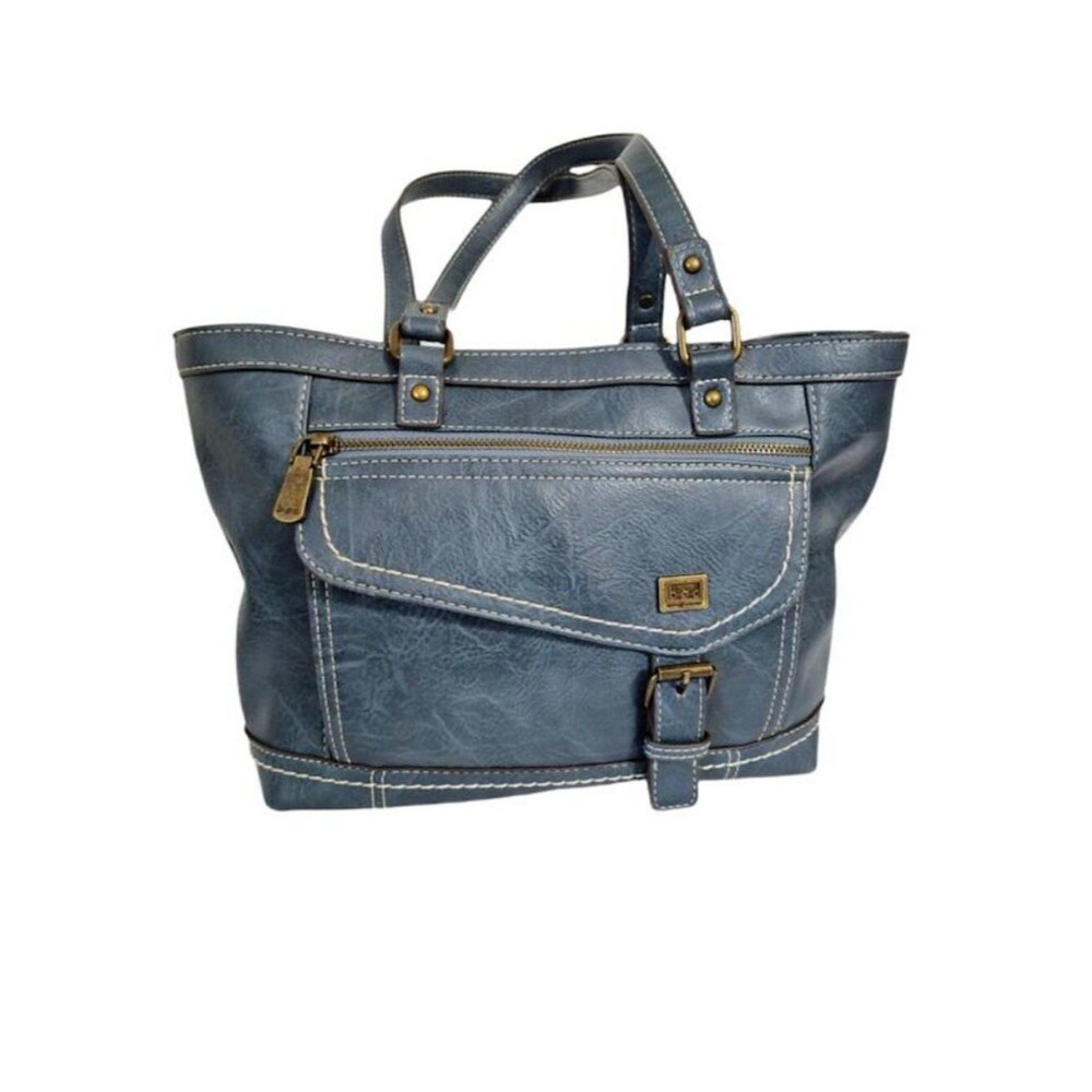 BOC BORN CONCEPT Tote Bag Women Blue Faux Leather White Stitch Pocket Purse